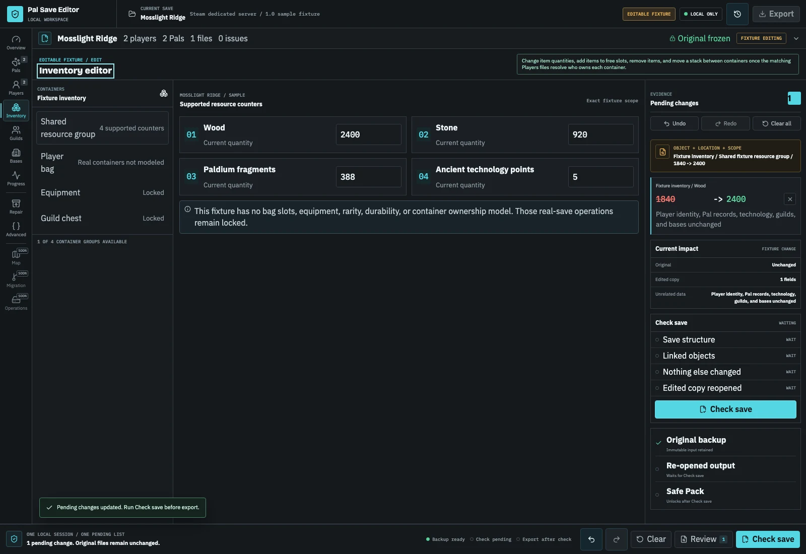 Editable sample Inventory editor showing a Wood quantity change and exact pending change scope