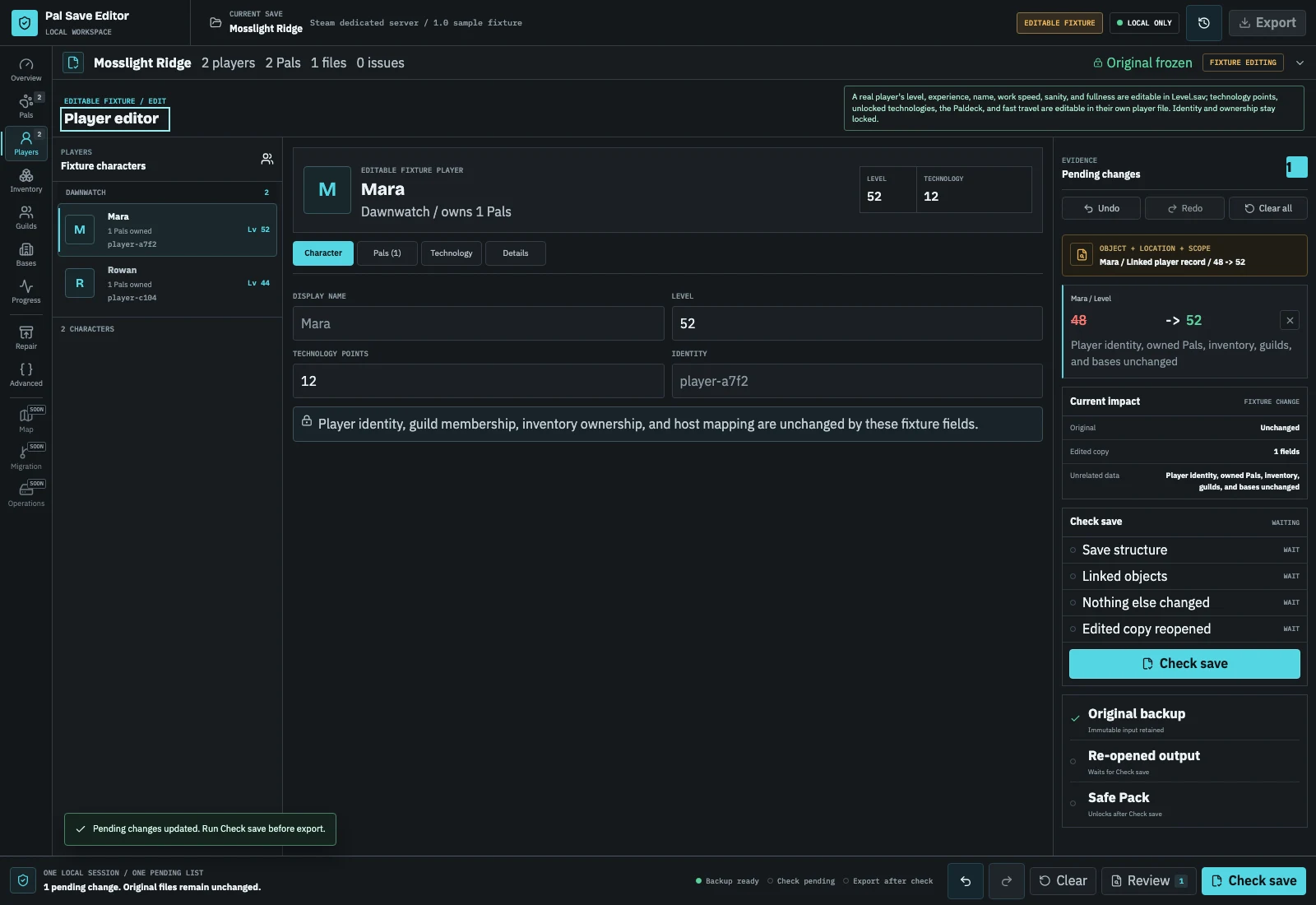 Editable sample Player editor showing a Level.sav level change with a pending change preview