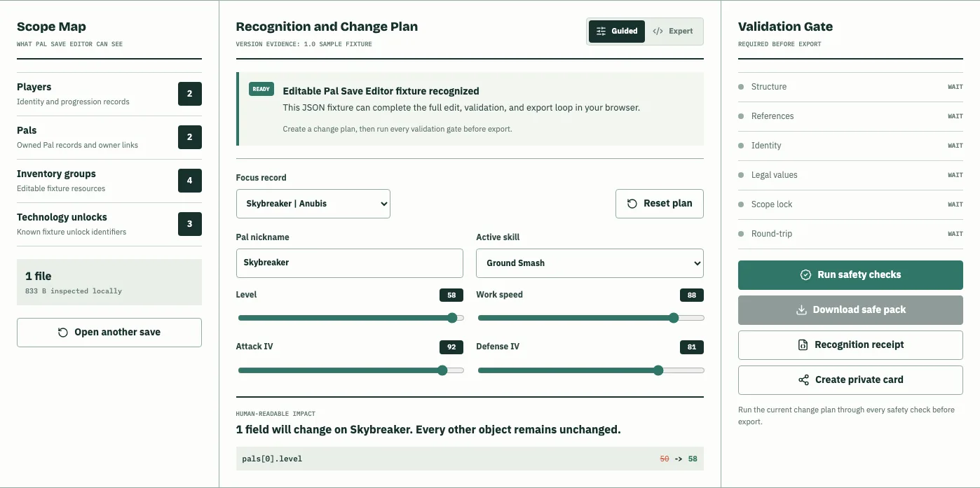 Palworld Save Editor showing one Pal level change, exact diff, Scope Map, and validation gate