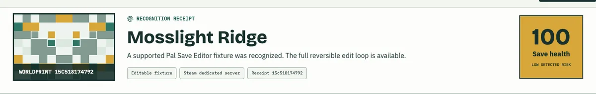 Palworld Save Editor recognition receipt showing local file evidence and capability state