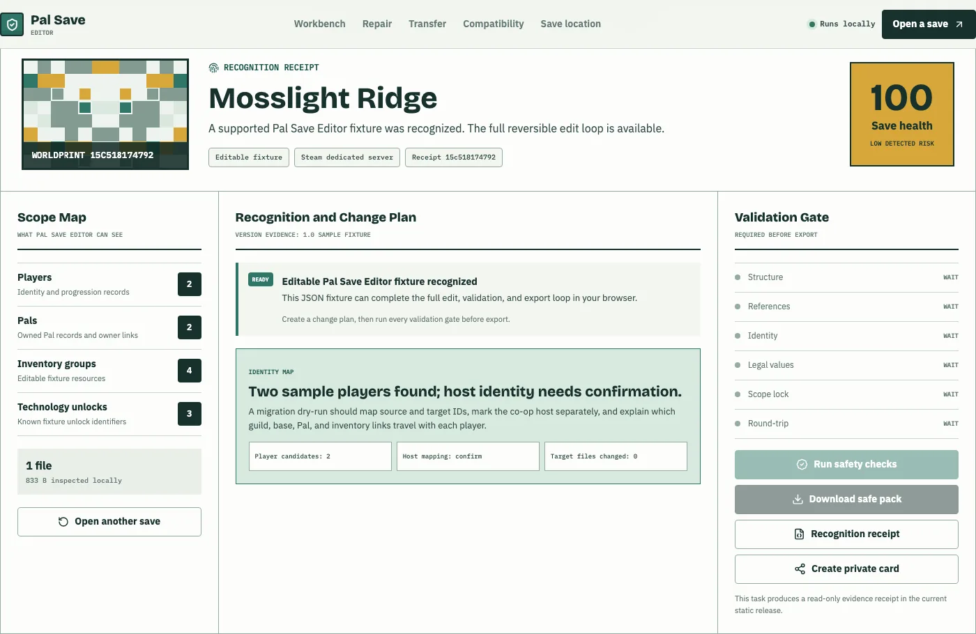 Palworld Game Pass save converter guide showing a conceptual transfer Scope Map and migration evidence